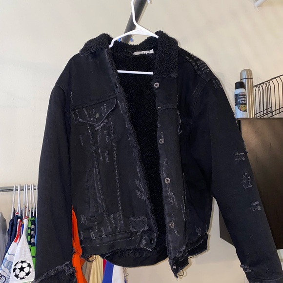 MNML Distressed Denim Black Sherpa Trucker Jacket | Size Large - Picture 3 of 10